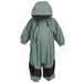 Calikids 2 Zipper Mid-Season Rain Suit in green with hood and black knee patches, shown on white background.