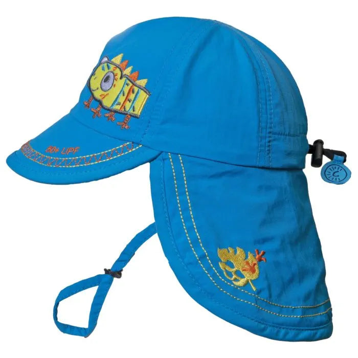 Calikids boys blue UV hat with flap, cartoon embroidery, and chin strap, shown on white background.
