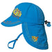 Calikids boys blue UV hat with flap, cartoon embroidery, and chin strap, shown on white background.