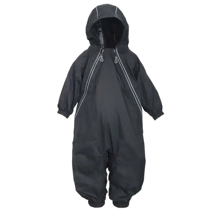 Calikids lined mid-season rain suit in black with hood shown against a white background.