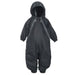 Calikids lined mid-season rain suit in black with hood shown against a white background.