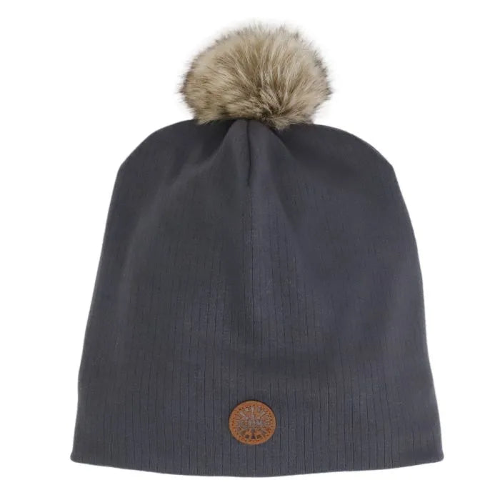 Calikids mid-season knit beanie hat in dark grey with a faux fur pom-pom, shown on white background.