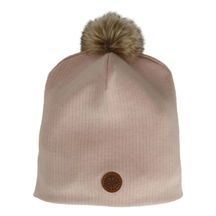 Calikids mid-season knit beanie hat in light pink with faux fur pompom, shown on white background.