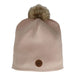 Calikids mid-season knit beanie hat in light pink with faux fur pompom, shown on white background.