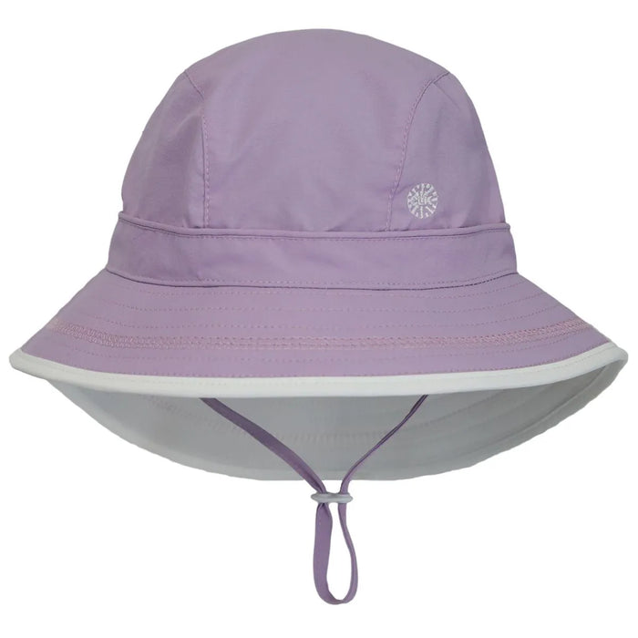 Calikids UV kids summer quick dry hat in light purple with chin strap shown on a white background.
