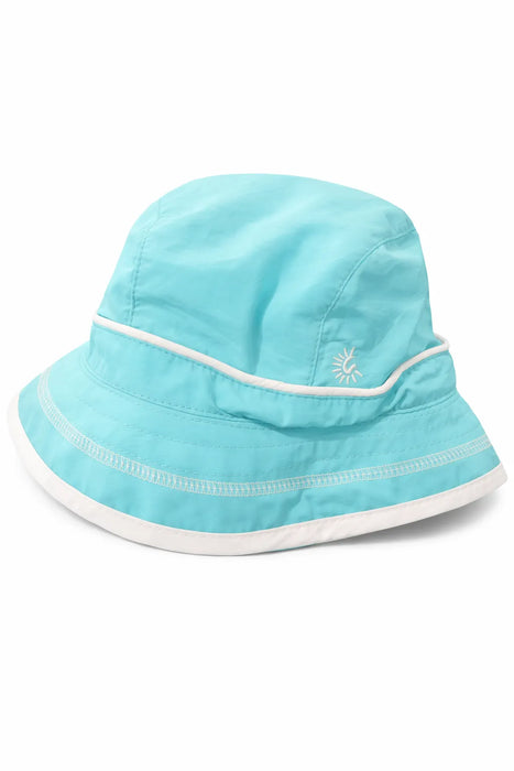 Calikids UV kids summer quick dry hat in light blue with white trim displayed on a plain background.