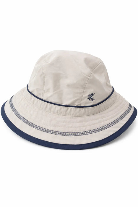 Calikids UV kids summer quick dry hat in beige with navy trim shown on a white background.