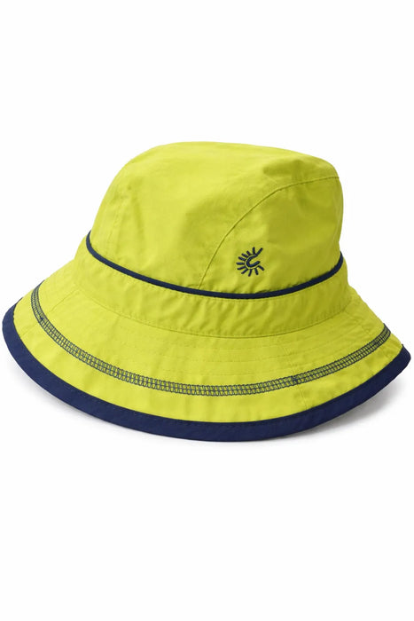 Calikids UV kids summer quick-dry hat in yellow with navy trim shown on a white background.