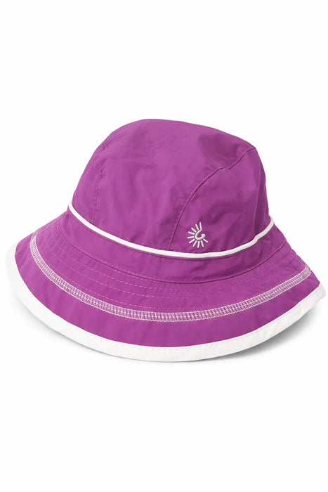 CaliKids UV kids summer quick dry hat in purple with white trim shown on a plain white background.