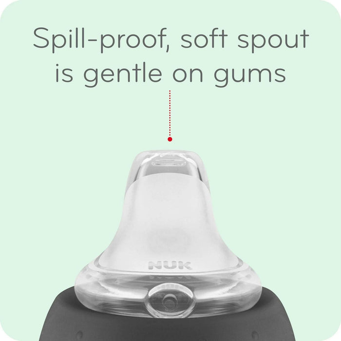 NUK baby sippy cup clear soft spout close-up with spill-proof and gentle on gums feature highlighted.