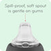 NUK baby sippy cup clear soft spout close-up with spill-proof and gentle on gums feature highlighted.