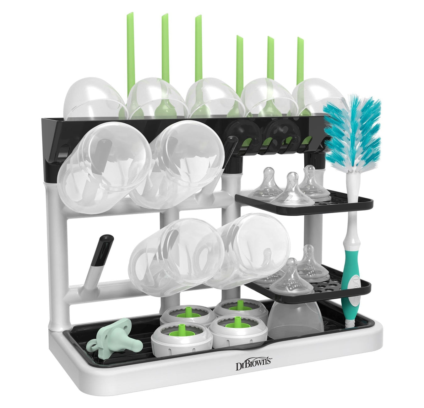 Baby bottle drying rack with clear bottles, nipples, pacifier, and a teal cleaning brush