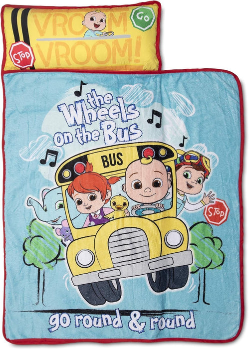 CoComelon Kids Nap Mat Set - Wheels on the Bus featuring JJ and friends on a yellow school bus
