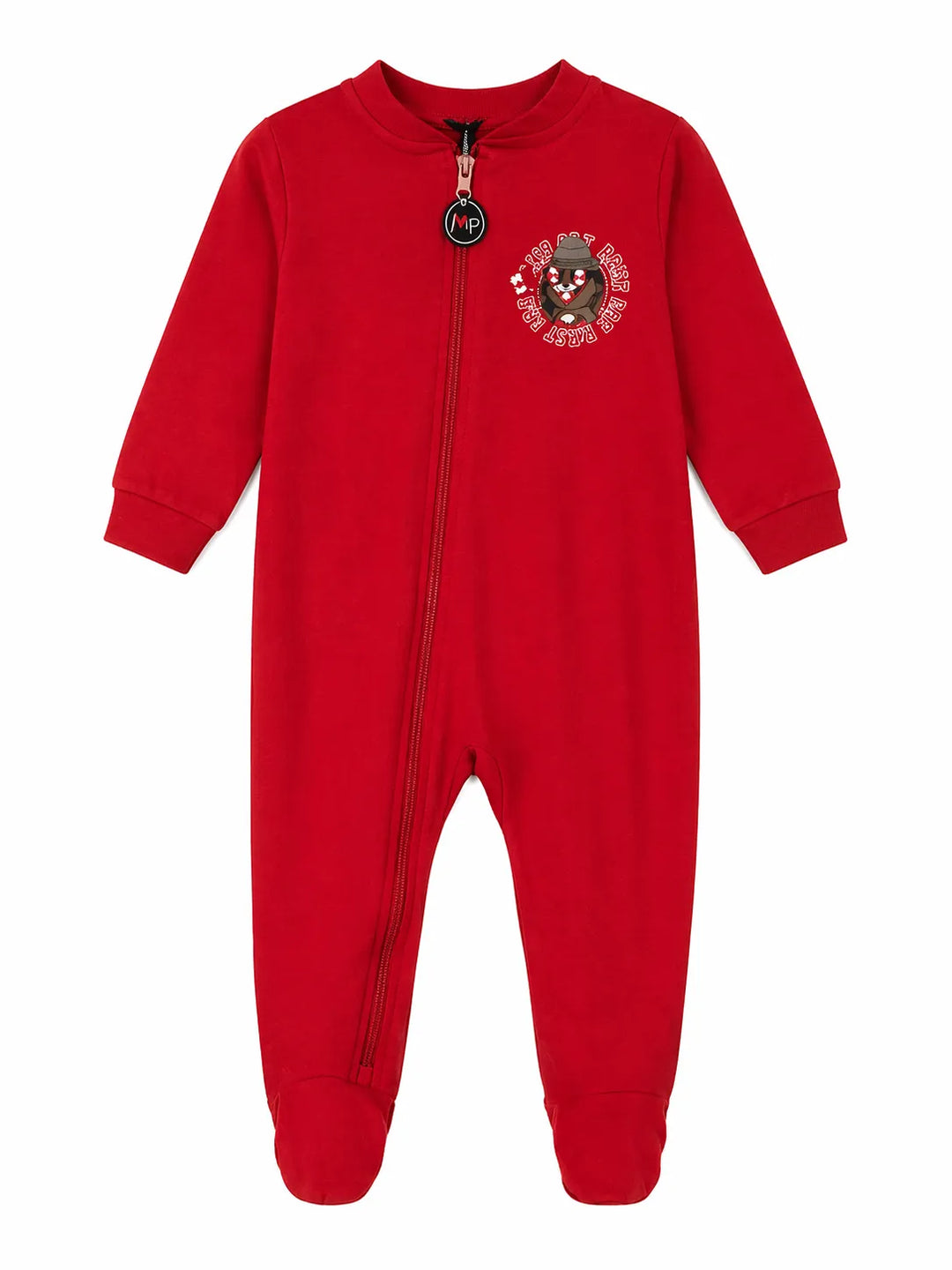 MP red romper baby sleeper with zipper, bear graphic on chest, shown on white background.
