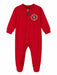 MP red romper baby sleeper with zipper, bear graphic on chest, shown on white background.