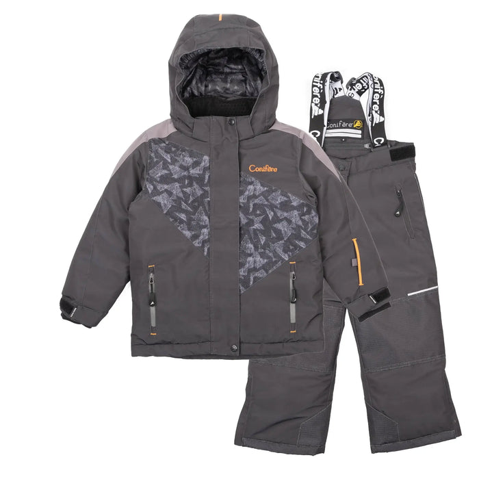 Conifere Ginko charcoal kids snowsuit with jacket and snow pants displayed on a white background.