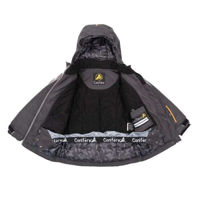 Conifere Ginko charcoal snowsuit displayed open, showing inner lining and hood details.