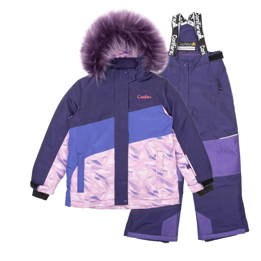 Conifere girls' purple snowsuit with hooded jacket and matching snow pants shown on a white background.