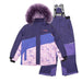 Conifere girls' purple snowsuit with hooded jacket and matching snow pants shown on a white background.
