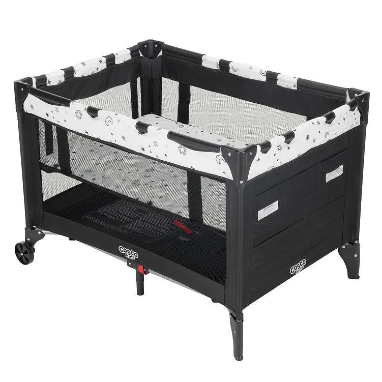 Cosco Funsport Playard in black with mesh sides and star print trim, shown on a white background.