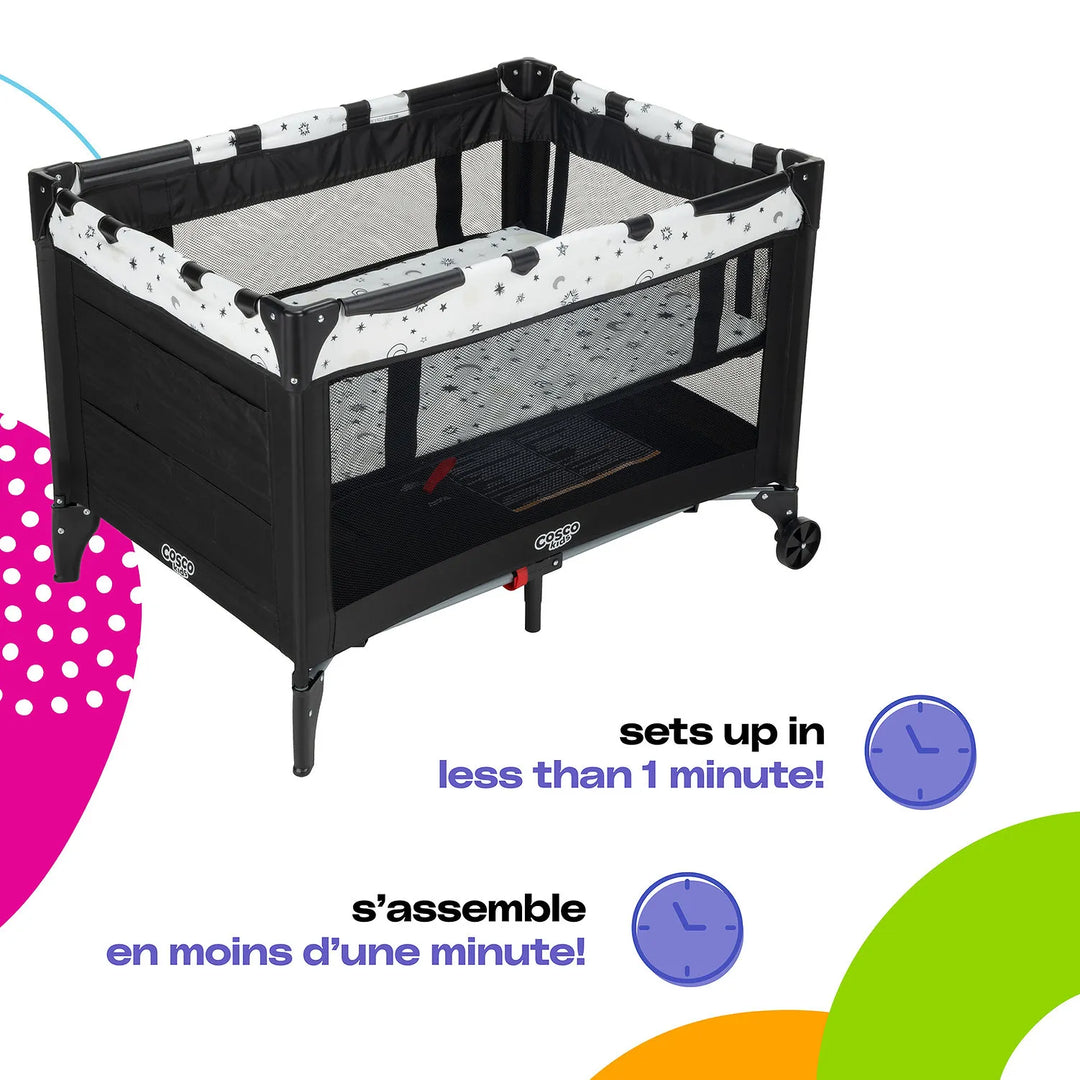Cosco Funsport Playard with mesh sides and star print, shown fully assembled on a white background.