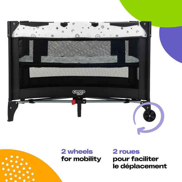 Cosco Funsport Playard in black and white with mesh sides, shown on a white background with colored shapes.