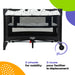 Cosco Funsport Playard in black and white with mesh sides, shown on a white background with colored shapes.