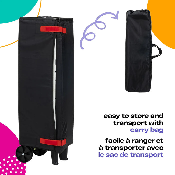 Cosco Funsport Playard shown folded and stored in a black carry bag for easy transport.