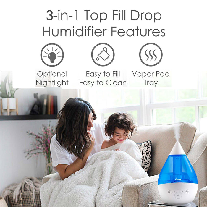 Crane - Crane 3-in-1 Ultrasonic Cool Mist Top Fill Blue & White Drop Humidifier