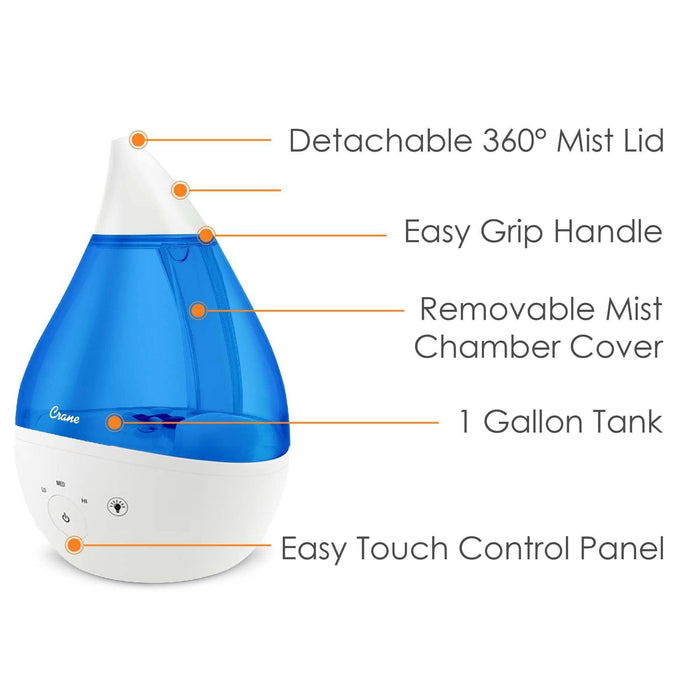 Crane - Crane 3-in-1 Ultrasonic Cool Mist Top Fill Blue & White Drop Humidifier