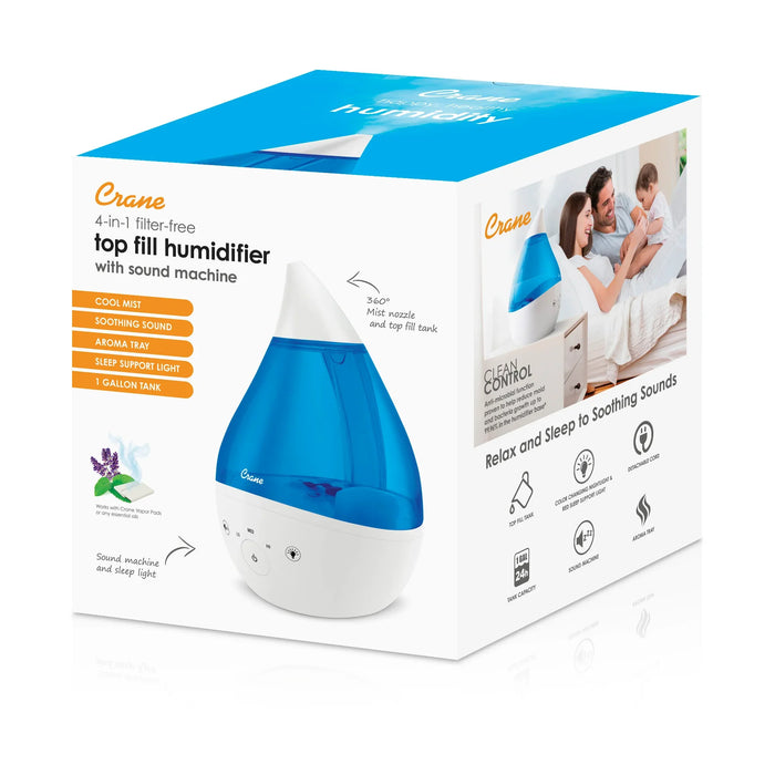Crane - Crane 4-in-1 Filter-Free Top Fill Ultrasonic Cool Mist Humidifier with Sound Machine & Night Light, 1 Gallon