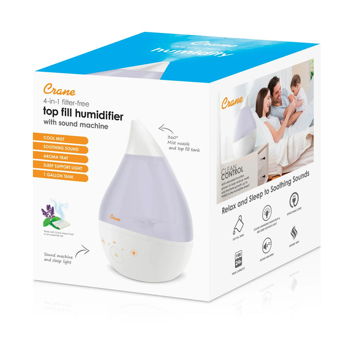 Crane - Crane 4-in-1 Filter-Free Top Fill Ultrasonic Cool Mist Humidifier with Sound Machine & Night Light, 1 Gallon