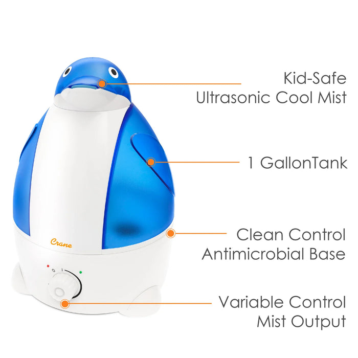 Crane - Crane Adorable Filter-Free Ultrasonic Cool Mist Humidifier, 1 Gallon - Blue Penguin
