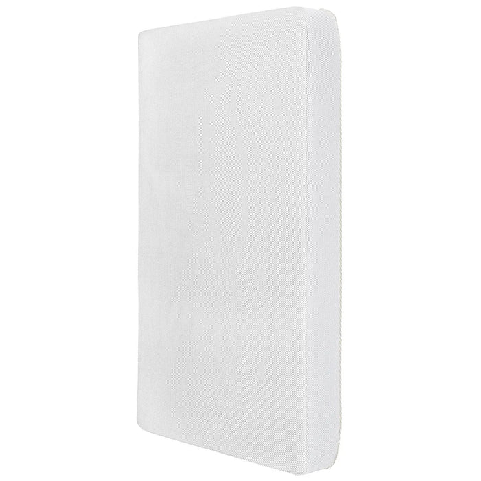 D.O.M. 2-in-1 breathable slumber crib mattress shown standing upright on a white background.