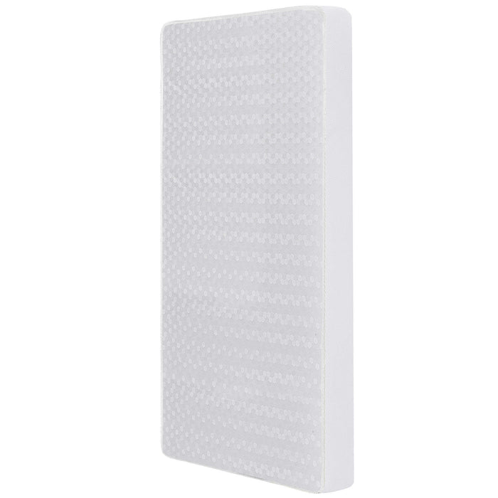 Dom Breathable Orthopedic 5 Inch Foam Crib Mattress shown standing upright with textured white cover.