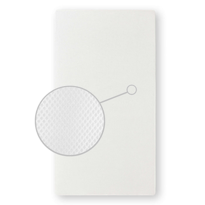 DOM breathable orthopedic 5-inch foam crib mattress with close-up of textured fabric surface.