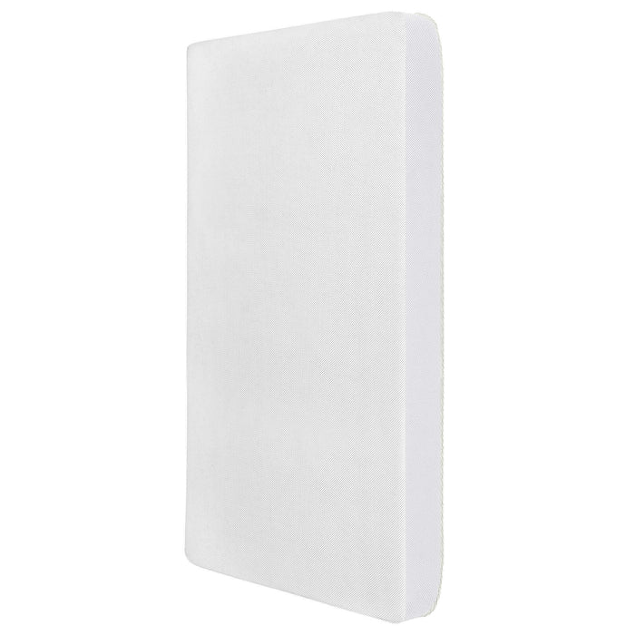 Dom Breathable Orthopedic 5 Inch Foam Crib Mattress shown standing upright on a white background.