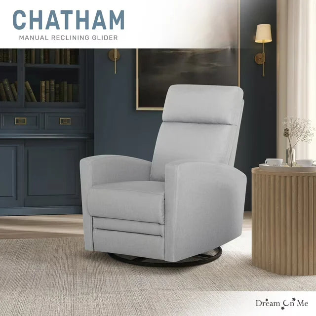 Chatham manual reclining glider chair in light grey shown in a modern living room setting.