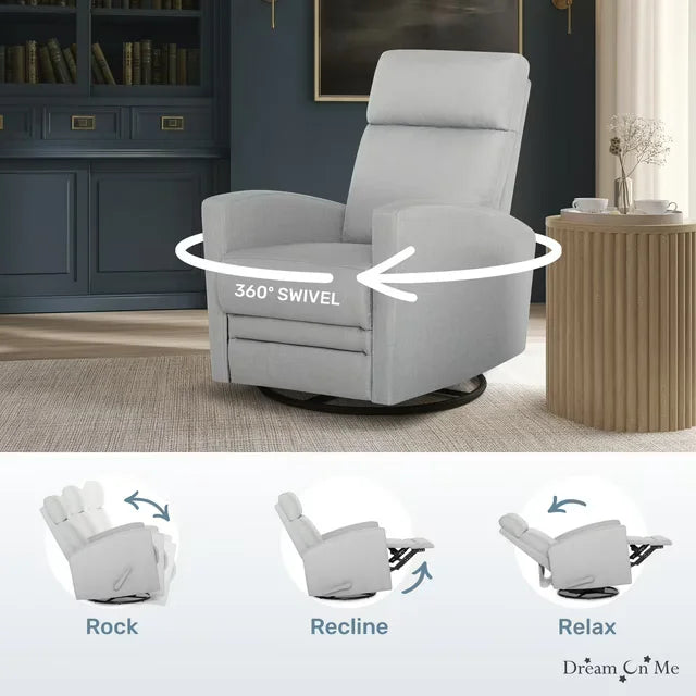 Dom Chatham Swivel Glider Recliner in a living room, showing rocking, reclining, and swivel functions.