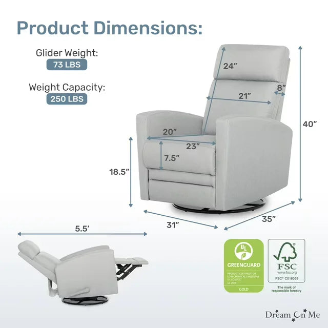 Dom Chatham Swivel Glider Recliner in light gray, shown upright and reclined with size measurements.