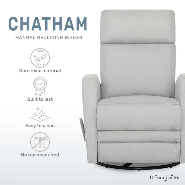 Chatham manual reclining glider chair upholstered in light fabric, shown front view with feature icons.