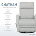 Chatham manual reclining glider chair upholstered in light fabric, shown front view with feature icons.