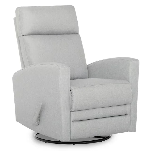 Dom Chatham Swivel Glider Recliner chair in light grey fabric shown at a slight angle on a white background.
