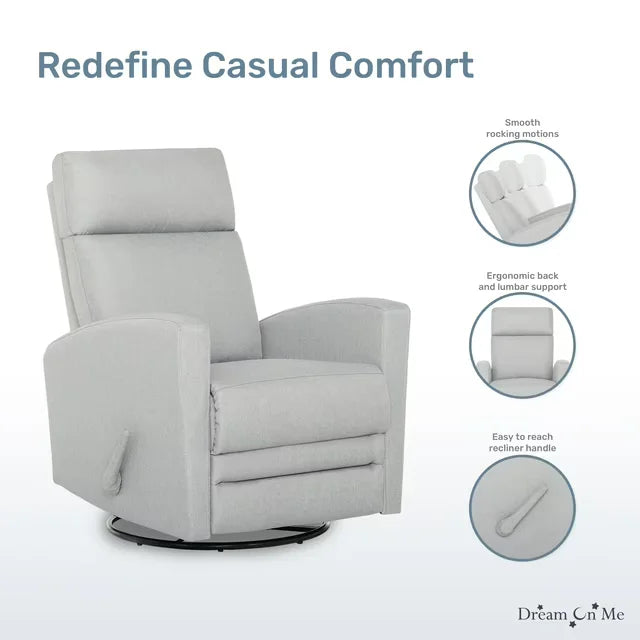Dom Chatham Swivel Glider Recliner chair in light grey fabric, shown with ergonomic back and recliner handle.