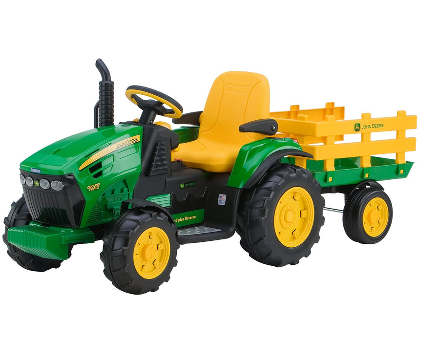 Peg Perego Kids J.D. Ground Force Tractor & Trailer - High-performance 12 Volt - Green