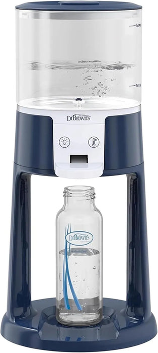 Dr. Brown’s Insta-Prep warm water dispenser on counter with a clear baby bottle underneath
