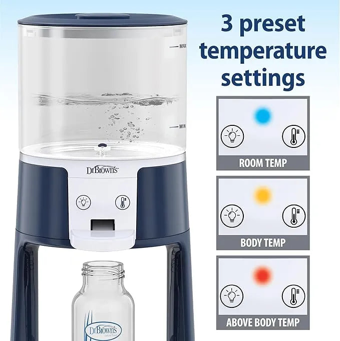 Dr. Brown’s Insta-Prep warm water dispenser on a counter, showing 3 preset temperature settings.