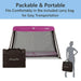 Dream On Me travel crib in light pink with black mesh sides, shown with included carry bag and silhouette holding it.