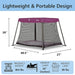 Dream On Me Travel Light pink playard shown fully assembled with size dimensions and mesh sides.