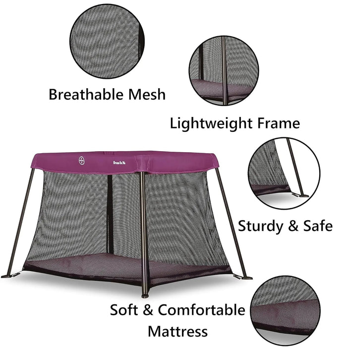 Dream On Me Travel Light pink playard with breathable mesh, lightweight frame, and soft mattress.